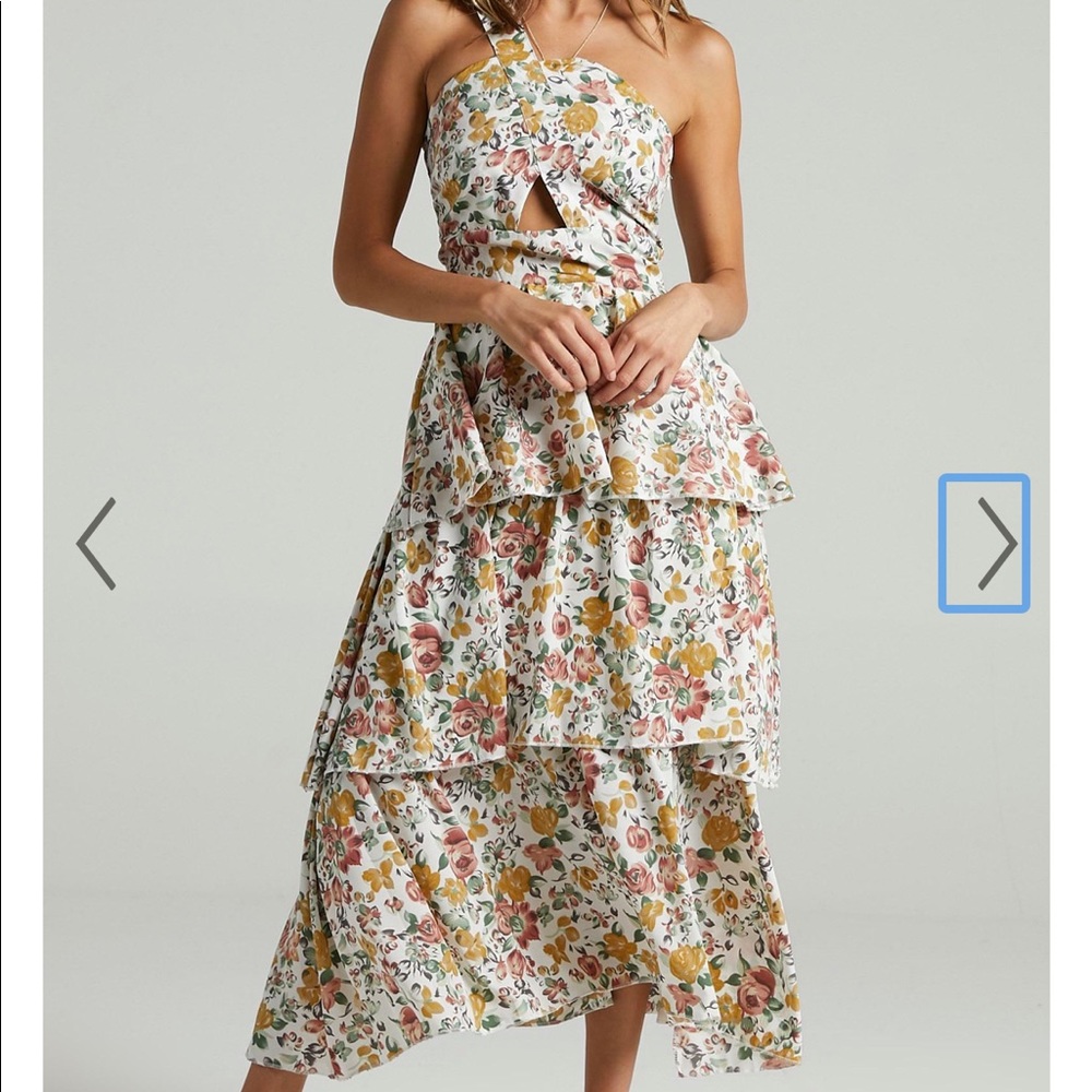 Midi Floral Ruffle Wedding Guest Dress- Caro (Showpo)